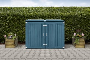 Painted wheelie bin storage unit in dove blue