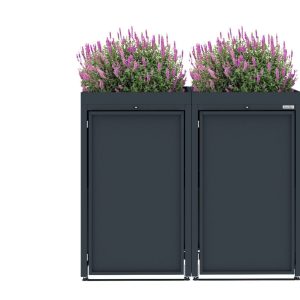 Dark Grey Metal Wheelie Bin Storage - Double - With Garden Lid - Without Slats