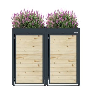 Dark Grey Metal Wheelie Bin Storage - Double - With Garden Lid