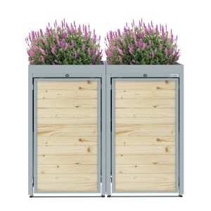 Light Grey Metal Wheelie Bin Storage - Double - With Garden Lid