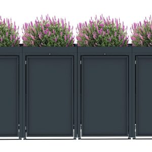 Dark Grey Metal Wheelie Bin Storage - Quadruple - With Garden Lid - Without Wooden Slats