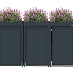Dark Grey Metal Wheelie Bin Storage - Triple - With Garden Lid