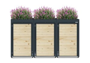 Dark Grey Metal Wheelie Bin Storage - Triple - With Garden Lid - With Wooden Slats