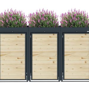 Dark Grey Metal Wheelie Bin Storage - Triple - With Garden Lid - With Wooden Slats