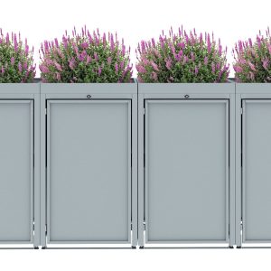 Light Grey Metal Wheelie Bin Storage - Quadruple - With Garden Lid - Without Wooden Slats