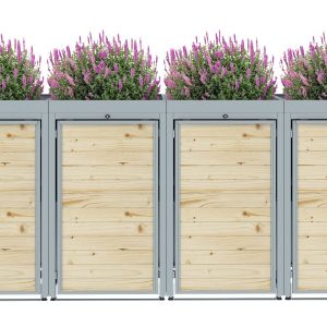 Light Grey Metal Wheelie Bin Storage - Quadruple - With Garden Lid